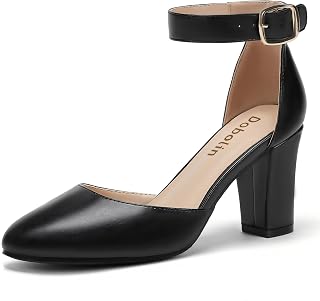 DOBOLIN Tacchi grossi da 7,6 cm di larghezza da donna, punta chiusa, scarpe da donna, rotonde, con cinturino alla caviglia, tacco a blocco, per feste, matrimoni, comode