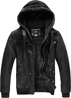 wantdo Giacca da uomo in finta pelle con cappuccio rimovibile giacca da moto casual caldo cappotto invernale