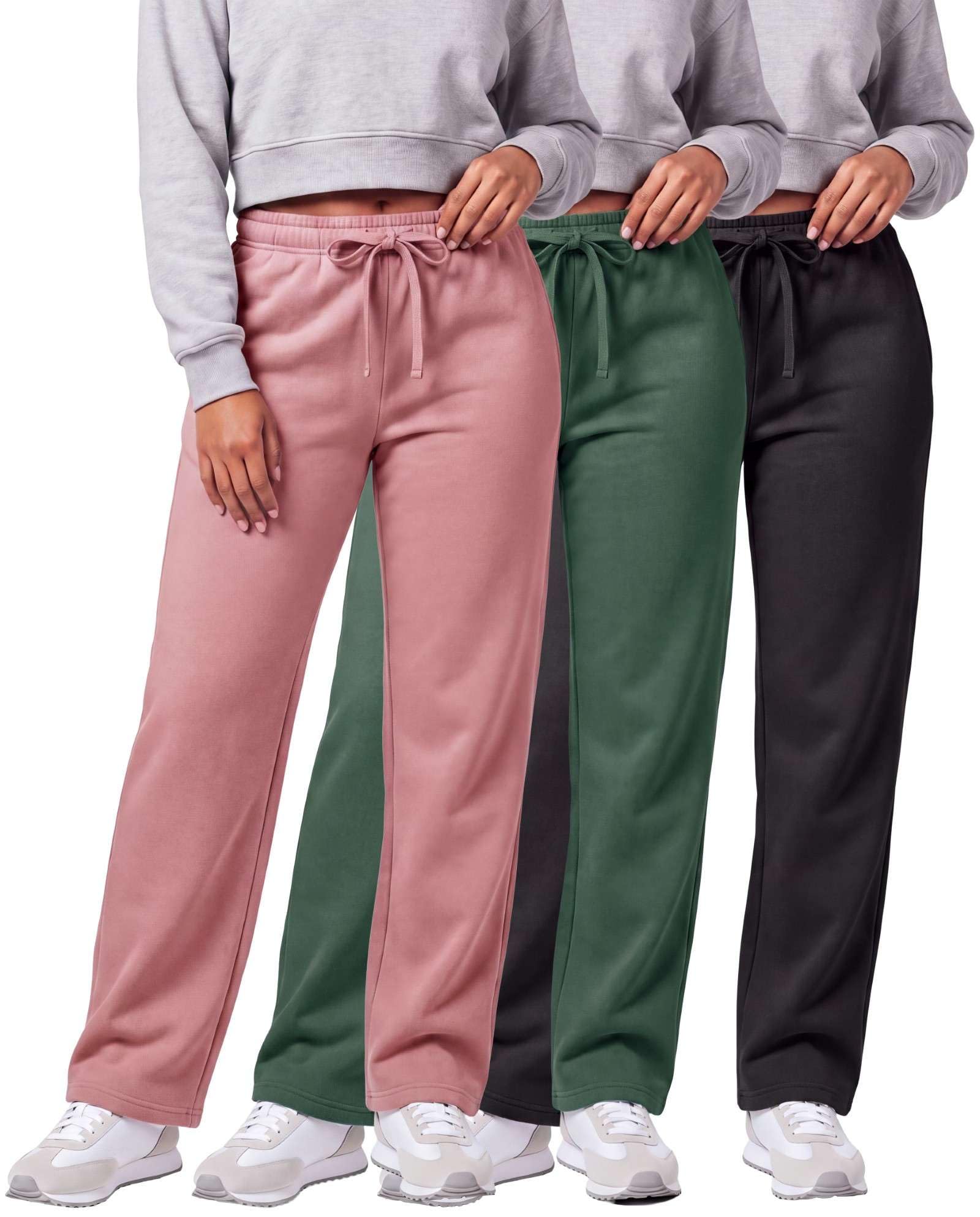 Real Essentials 3 Pack: Women's Relaxed Fit Fleece Open Bottom Sweatpants - Casu