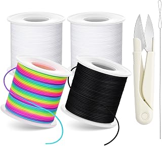 1 mm Stretchy Bracelet String with Scissors Beading Needle, 4 Rolls,660FT | Elastic String for DIY Crafts, Stretchy Cord for Jewelry Making Sewing Necklace Beading (Black, White, Rainbow)