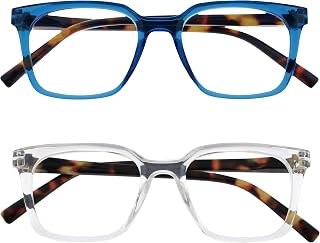 OPULIZE KOI Reading Glasses, Pack of 2 - Large Rectangular Frame - Blue-Transparent - Men and Women - Spring Hinges - RR50-3C - +3.00