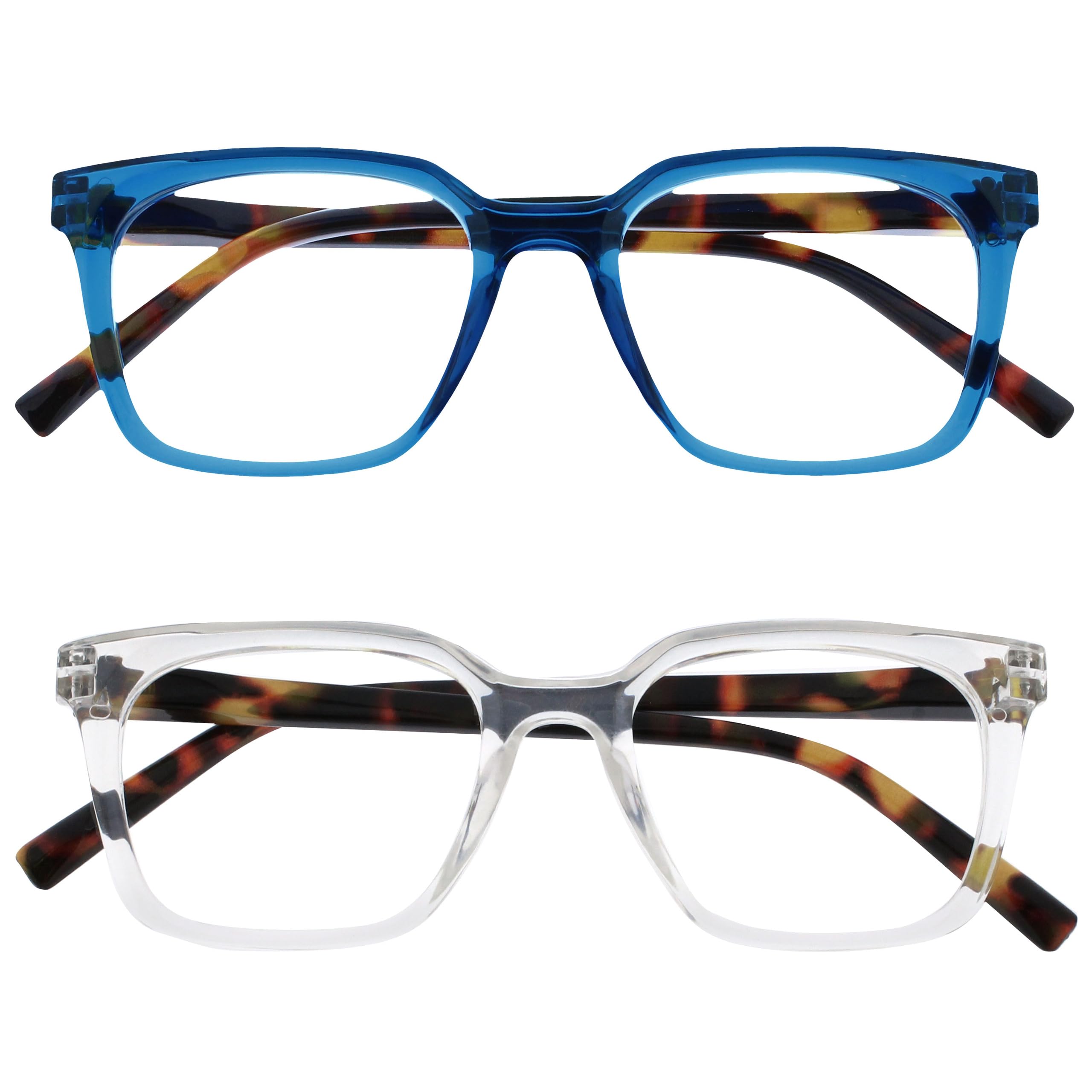 OPULIZE KOI Reading Glasses, Pack of 2 - Large Rectangular Frame - Blue-Transpar