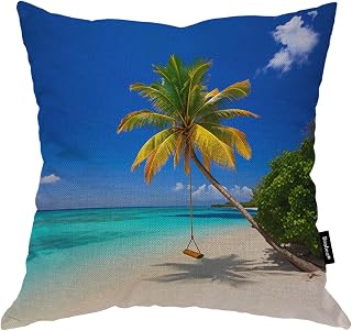 Tropical Beach Palm Tree Ocean Sea Square Cushion Cover 18x18 Cotton Home Office School Cushion Cover for Men Women Boys Girls