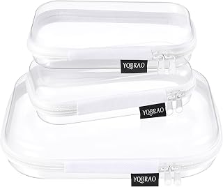 YQBRAO Clear Hard Shell Zipper Cases, Travel Organizers, 1M 2S, White | Rigid Clear Shells with Dual Zippers Keep Makeup, Tech, Travel Essentials and Daily Items Organized and Easy to See