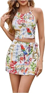 SweatyRocks Women's Tropical Halter Top and Shorts 2 Piece Vacation Outfits