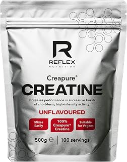 Reflex Creapure Creatine Monohydrate Powder, Unflavoured, 500g | Supports Strength, Muscle Gains and Recovery. Suitable for Vegans with No Fillers or Additives. 100 Servings per Tub.