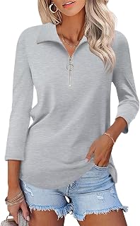 TICTICMISS Women's 3/4 Sleeve Tops V Neck T Shirts Zipper Solid/Color Block Collared Polo Shirts