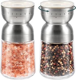 VKCHEF Pepper Mill, Spice Mill, 6 Degrees, External Adjustment, Manual, Japanese Style, Rock Salt Mill, Set of 2, Adjustable Coarseness, Ceramic Blades, Stainless Steel, Spices, Crystal Salt, Sichuan
