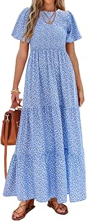 PRETTYGARDEN Women's Smocked Top Summer Dresses for Women 2025 Short Sleeve Floral Maxi Dress for Women Flutter Sleeve Cute Spring Maxi Dress for Women Beach Vacation