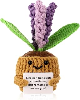 Positive Lavender Crochet Potted Plants, 5.5 Inch Creative Knitted Potted Plant Cute Emotional Positive Lavender with Card to Support Positive Flower Plush Doll Gift for Friend Home Office Desk Decor