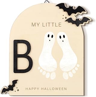 Beeveer Baby 1st Halloween Boo Footprint Art Wooden Sign Newborn DIY Craft | Wooden Milestone Keepsake for Party Nursery, Newborn Photo Prop, DIY Craft Tombstone with Bats, First Halloween Memento