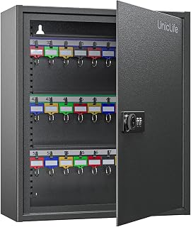 Uniclife 60 Position Steel Key Cabinet with Combination and Key Lock, Black | Wall mount key box, resettable 4-digit code lock, 2 spare keys, thickened steel, large capacity, adjustable racks and labels