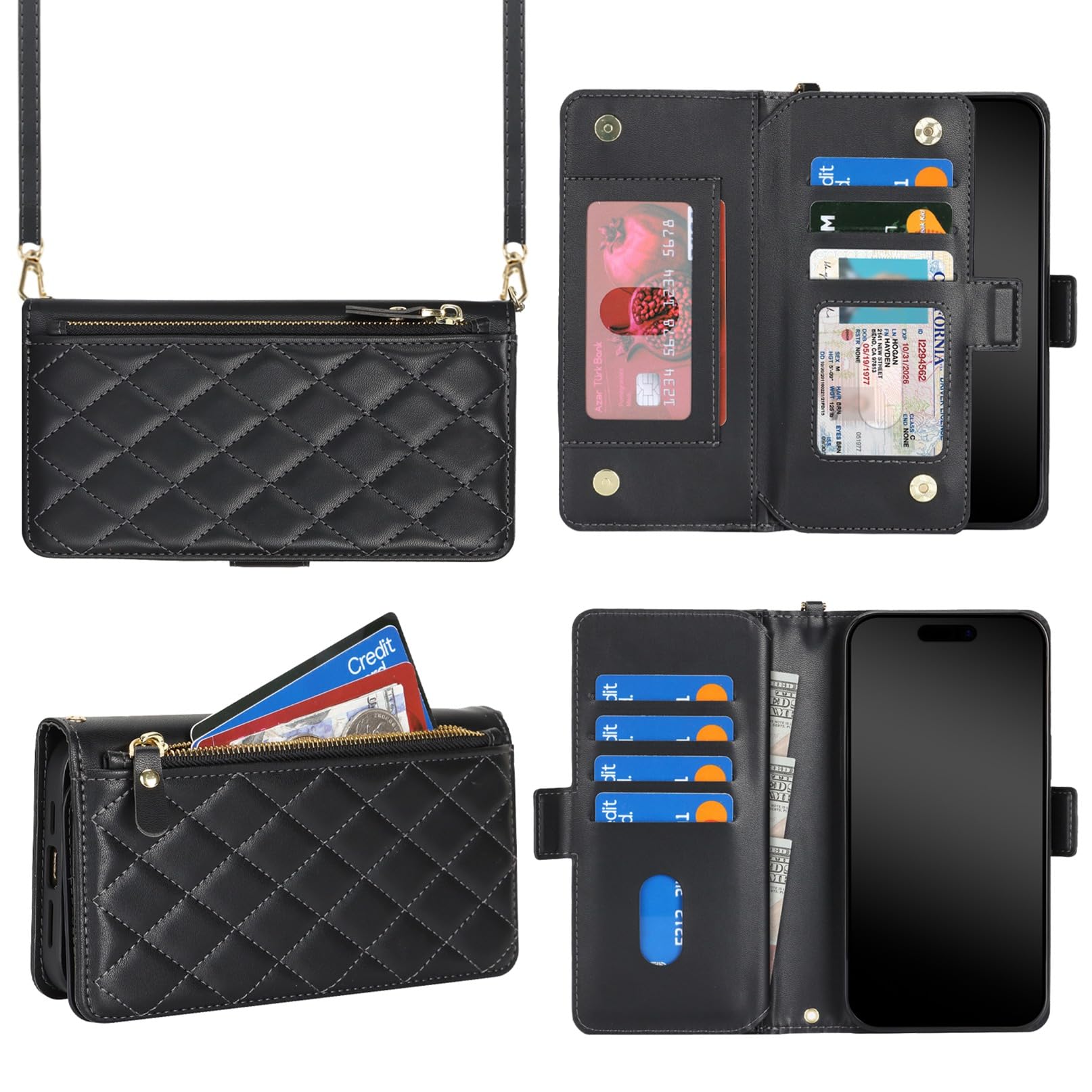 for iPhone 18 Pro/17 Pro Case Wallet with Long Strap,6.3",Black