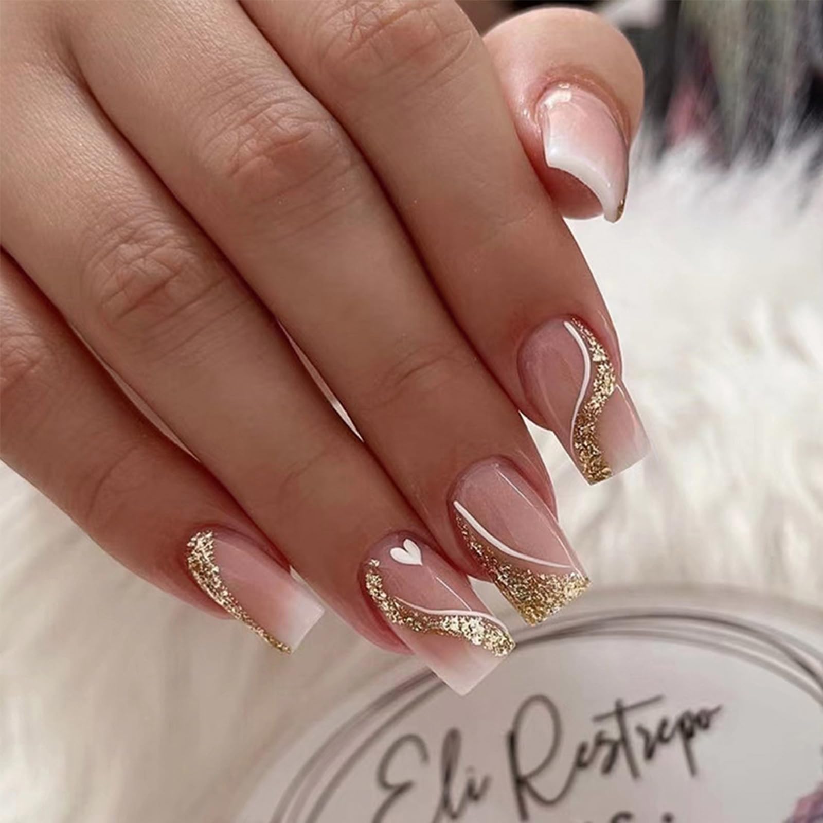 Cherry Shallow Color Press-On Nails, Medium Size Square Nail with White Line and