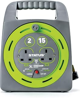 STATUS 2 Socket Cable Reel with 15 Metre Heavy Duty Extension Lead, Thermal Cut-Out Safety for Outdoor and Garden Power Use, Green (S15M2SHBCR1PK2)