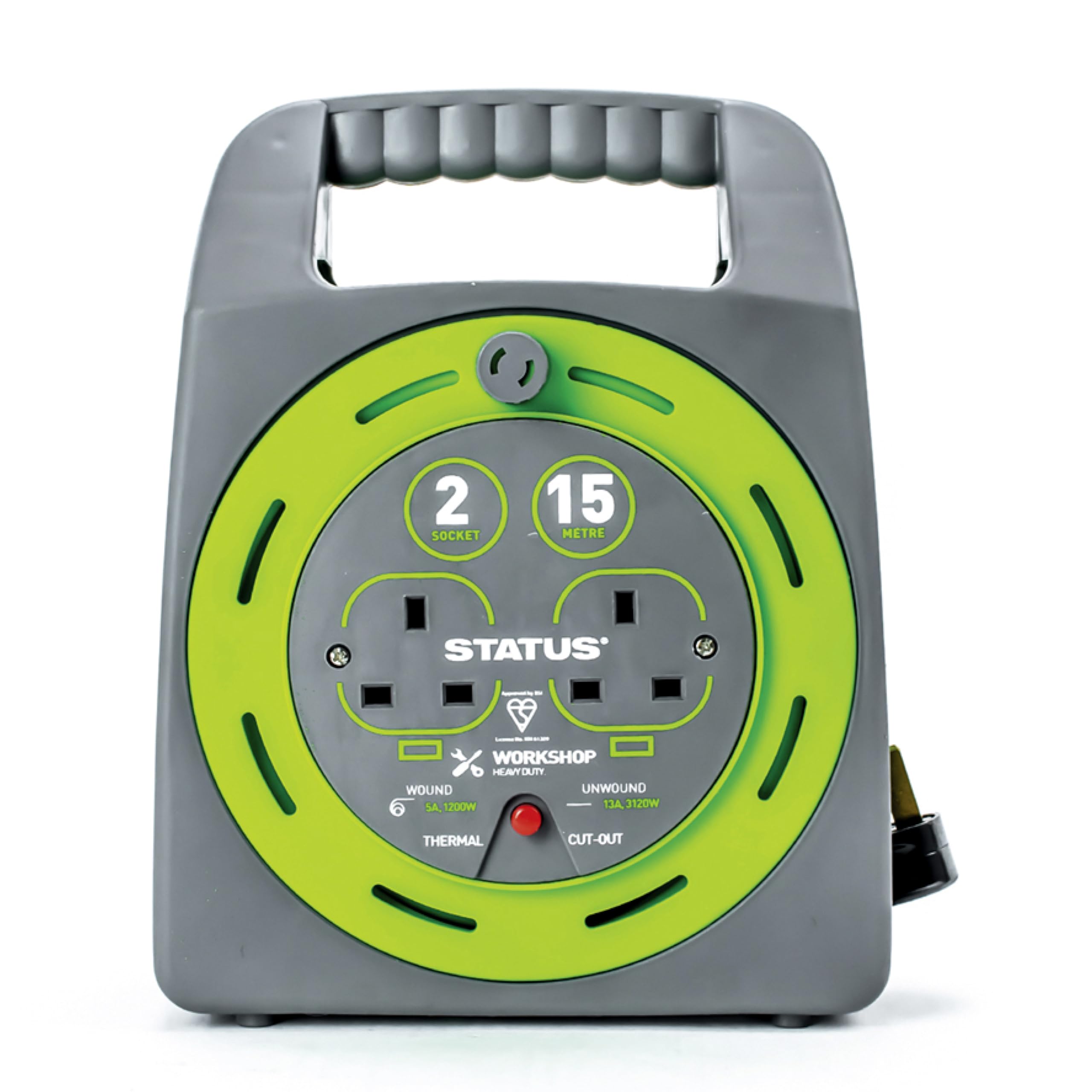 STATUS 2 Socket Cable Reel with 15 Metre Heavy Duty Extension Lead, Thermal Cut-