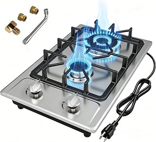12 Inch Gas Cooktop 2 Burner, Stainless Steel Gas Stove Propane Cooktop | Max 14,660 BTU 2 Burner Gas Hob with Thermocouple Protection, LPG/NG Convertible Dual Fuel Natural for Kitchen Apartment RV