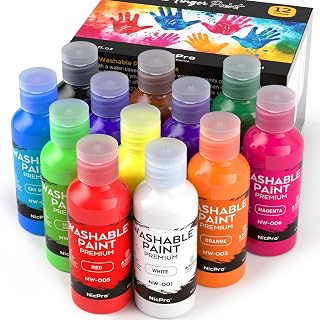 Nicpro 12 Colors Washable Finger Paint Set (2 oz, 60 ml), Non-Toxic & Baby Safe Paint for Hand and Feet, Finger Painting Art Supplies for Kids Age 3+, Preschool Learning Gifts