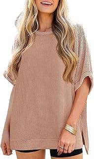 Tankaneo Women's Oversized T-Shirt Summer Casual Ribbed Short Sleeve Tunic Tops Loose Fit Dolman Sleeve Tops