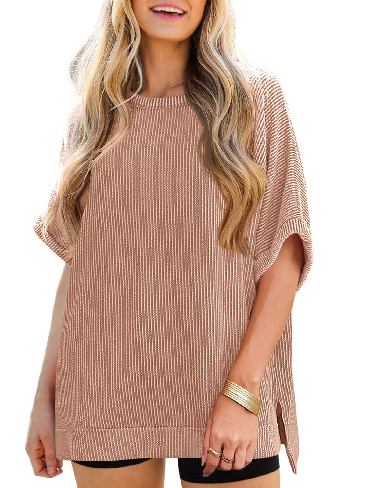Tankaneo Women's Oversized T-Shirt Summer Casual Ribbed Short Sleeve Tunic Tops 