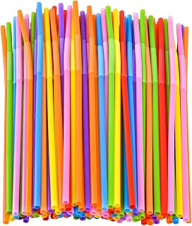 SONGNASS 100PCS Flexible Plastic Straws | Colorful Disposable Bendy Party Fancy Straws12.8inch Extra Long Straws Party Decorations