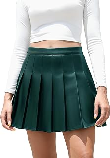 Easisim Women's Faux Leather High Waist A-Line Pleated Skater Mini Skirt
