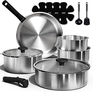 CAROTE 15pcs Tri-Ply Stainless Steel Cookware Set with Detachable Handle | Pots and Pans Set, Non-Toxic, Induction Compatible, Dishwasher& Oven Safe, Easy Storage, for Kitchen/Camping/RV Cooking