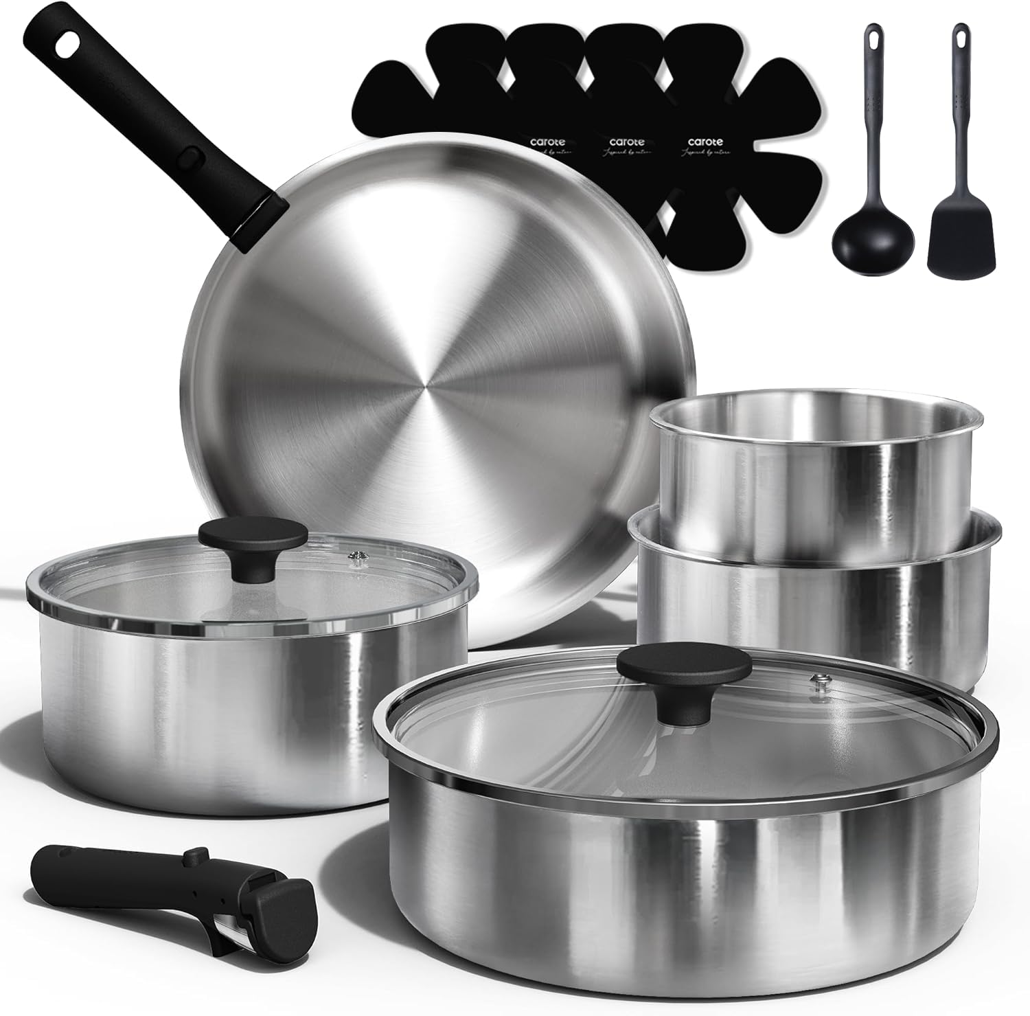 CAROTE 15pcs Tri-Ply Stainless Steel Cookware Set with Detachable Handle | Pots 