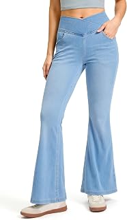 Rammus Women Flared Jeans Crossover High Waist Bell Bottom Fashion Yoga Pants Stretch Flared Leggings with Pockets