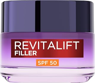 L’Oréal Paris Revitalift Filler Replumping Anti Ageing SPF50 Day Cream 50ml | SPF50 UV Protection, Replumping Moisturiser, Intensely Hydrates, Smooths Wrinkles, With Micro+Macro-Epidermic Hyaluronic Acid