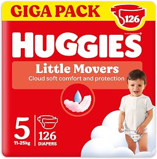 Huggies Little Movers 126 Nappies Size 5 (11-25kg) Spare Pack | Diapers Size 5, Double Side Bands, For Extra Protection, Dermatologically Tested