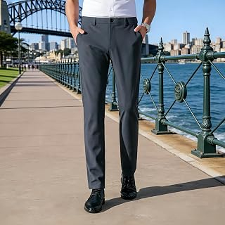 Mens Casual Twill Chino Pants Elastic Waist Lightweight Breathable Classic Fit (with Pockets)