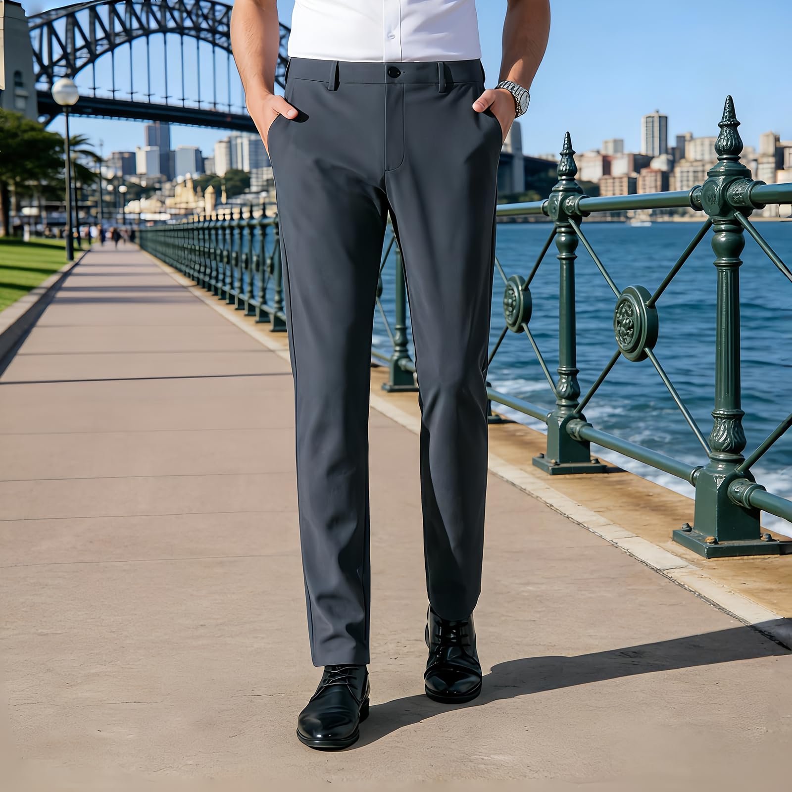 Mens Casual Twill Chino Pants Elastic Waist Lightweight Breathable Classic Fit (