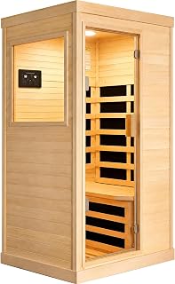 OUTEXER Sauna Far Infrared Wooden Room Home Sauna 1200W Dry Saunas | Single Person Spa Canadian Hemlock Wood 120V Low EMF with 7 Color Light Bluetooth Speakers