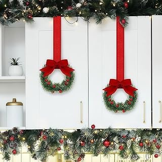 1Pcs Christmas Pineapple Berry Cabinet Wreath with Ribbon, Mini Cabinet Wreaths for Kitchen with Ribbon Bows, Small Window Wreath Garland for Door Window Farmhouse Decor