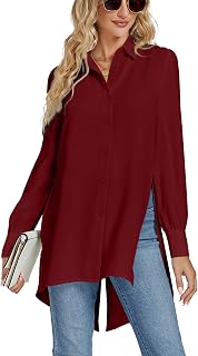 LYANER Women Collar V Neck Split Hem Button Down Long Sleeve Shirt Blouse Tunic Top