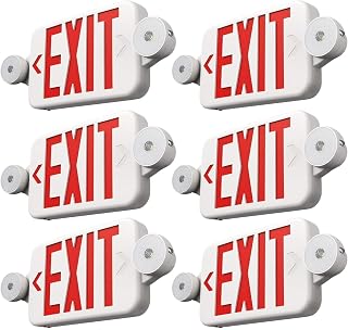 FREELICHT 6 Pack Red LED Exit Signs with Emergency Lights | Two LED Adjustable Heads, 90min Battery Backup, Hard Wired, UL Listed, AC 120/277V, Flame Retardant for Commercial Use