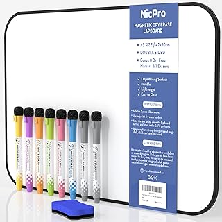 Nicpro Dry Erase Whiteboard A3, 12 X 16'' Magnetic Double Sided Blank,Child | White Board with Black Plastic Protection Frame, 8 Markers, Eraser, Portable Mini Whiteboard for Kid School Writing Home Use