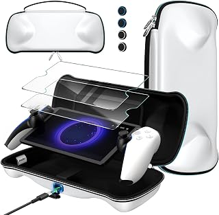 ivoler 7 in 1 Carrying Case for PlayStation Portal ,Charging Inside, White | Carrying Case & 2 Pcs Screen Protectors +4 Thumb Grips,Portable Travel Handbag for PS5 Portal Console Accessories Bundle