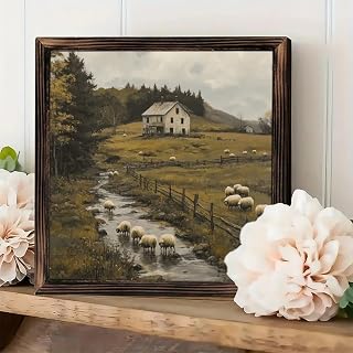Rustic Framed Vintage Style Wall Art, Landscape, Sheep, Farmhouse, Stream, Table Decoration, 8 x 8 inches, Farmhouse Gifts, Cafe, Shops, Bedrooms, Bathrooms, Home