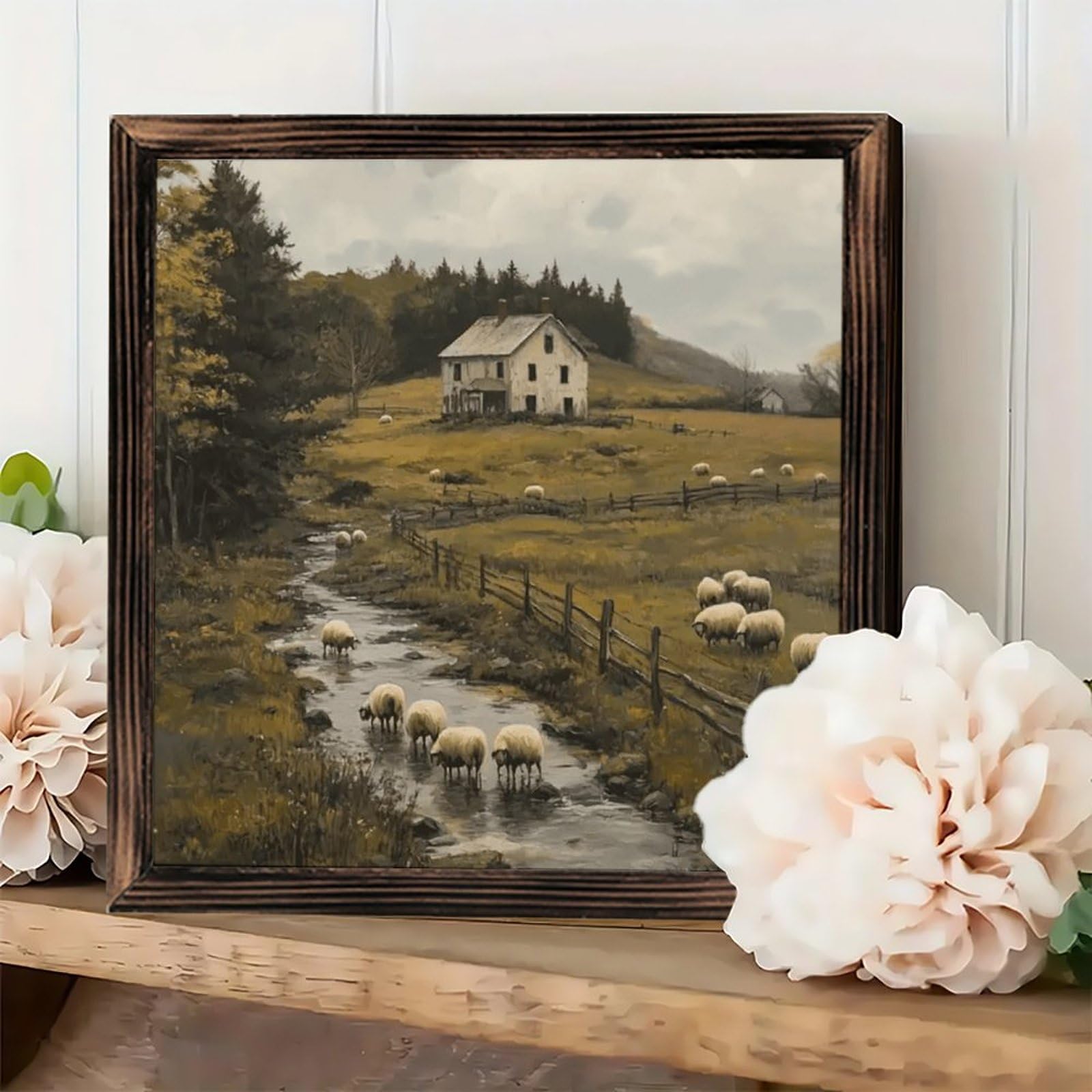 Rustic Framed Vintage Style Wall Art, Landscape, Sheep, Farmhouse, Stream, Table