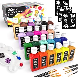 24 Colors Fabric Paint For Clothes Permanent, Soft Fabric Paint in Bottles with 10 Brushes ，Stencils& Palette,Non-Toxic Textile Paint for Shoes，Jeans ，Bags& DlY Projects(60ml/2oz)
