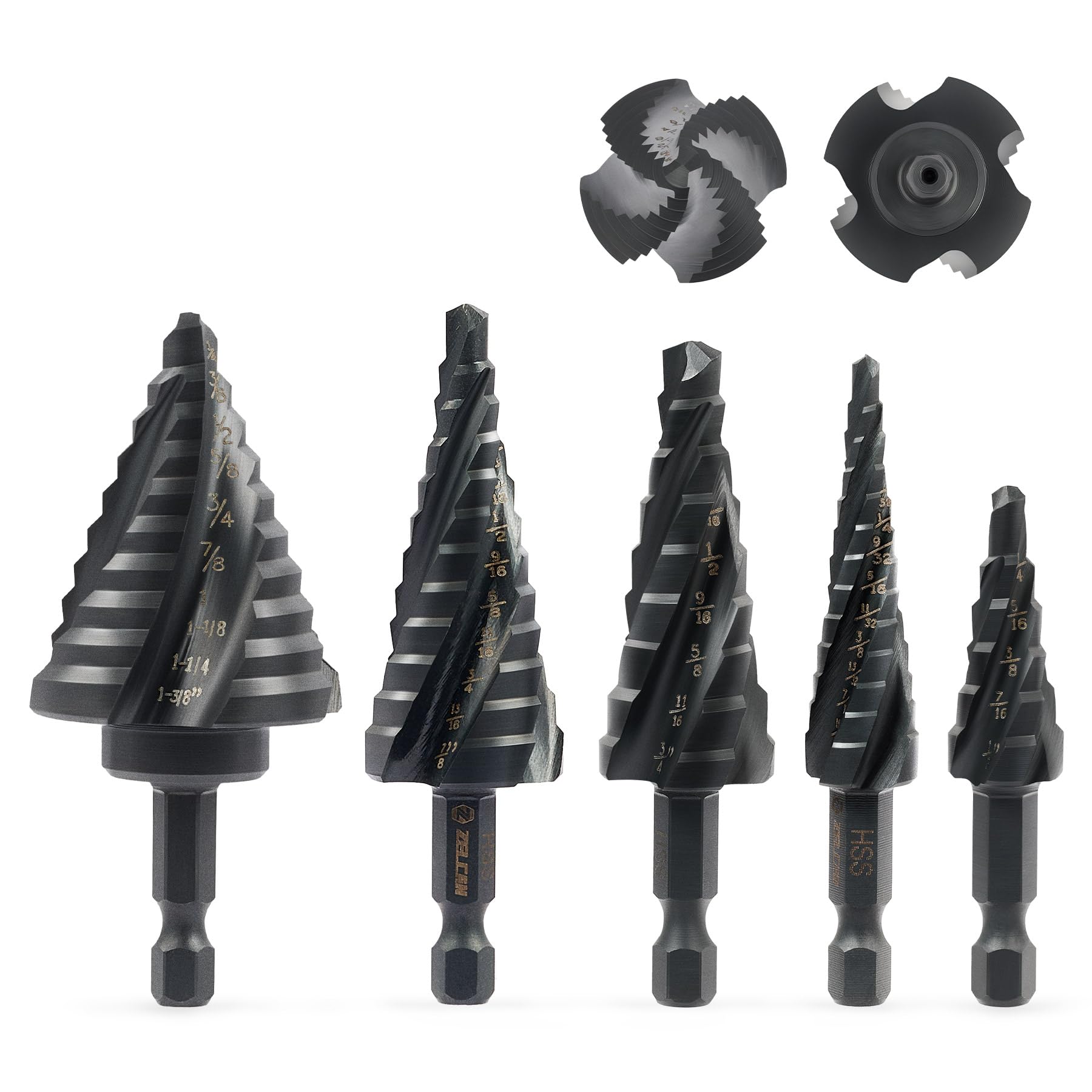 ZELCAN 5PCS Titanium HSS Step Drill Bit Set, 50 Sizes, 1/8" to 1-3/8" | 5PCS 50 