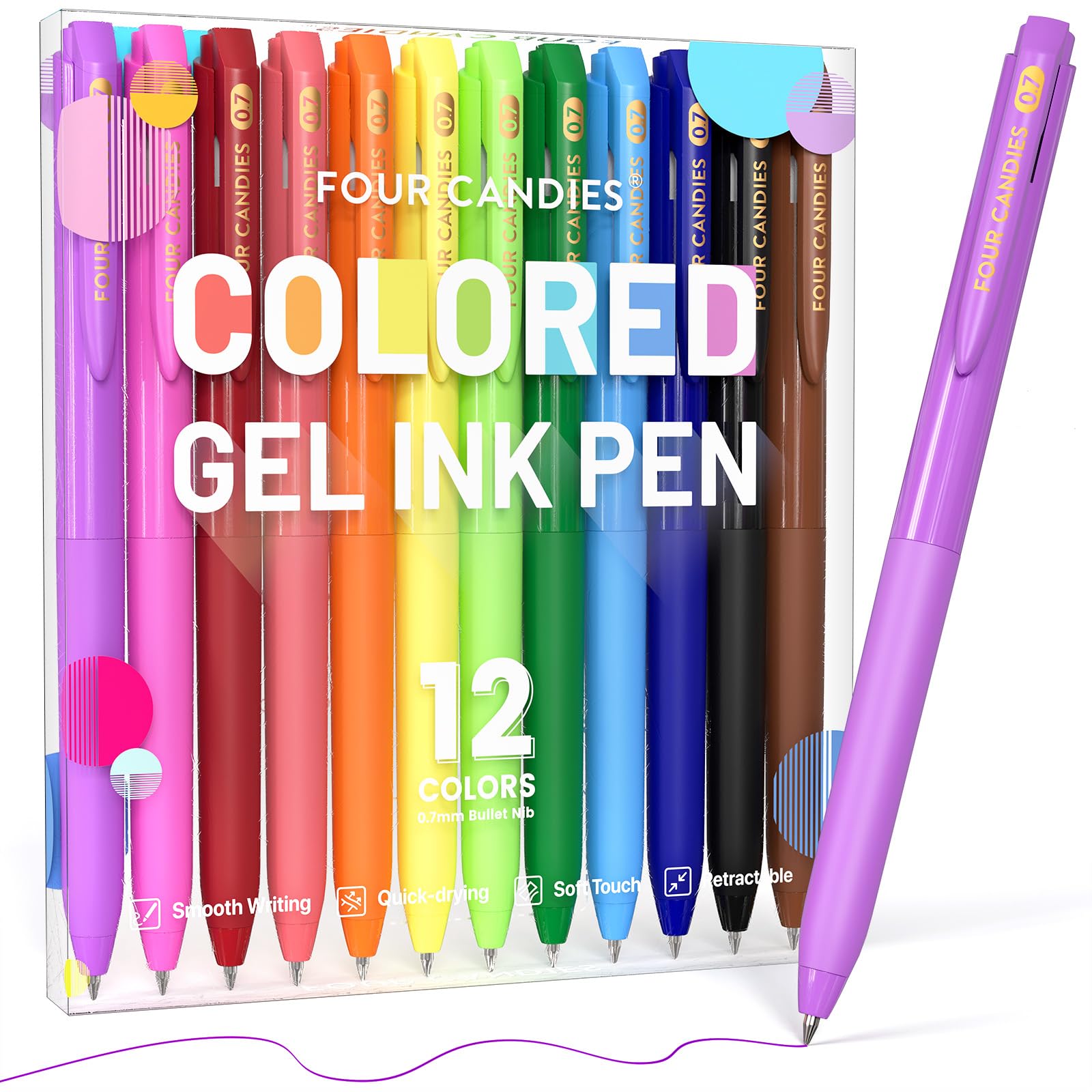 Four Candies Quick Dry Ink Colored Pens Set, 0.7mm Colorful Pens 12 Colors
