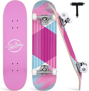 BELEEV Skateboards for Beginners, 31 x 8 inch Complete Skateboard for Kids Teens Adults, 7 Layer Canadian Maple Double Kick Deck Concave Cruiser Trick Skateboard with Multifunction Skate T-Tool