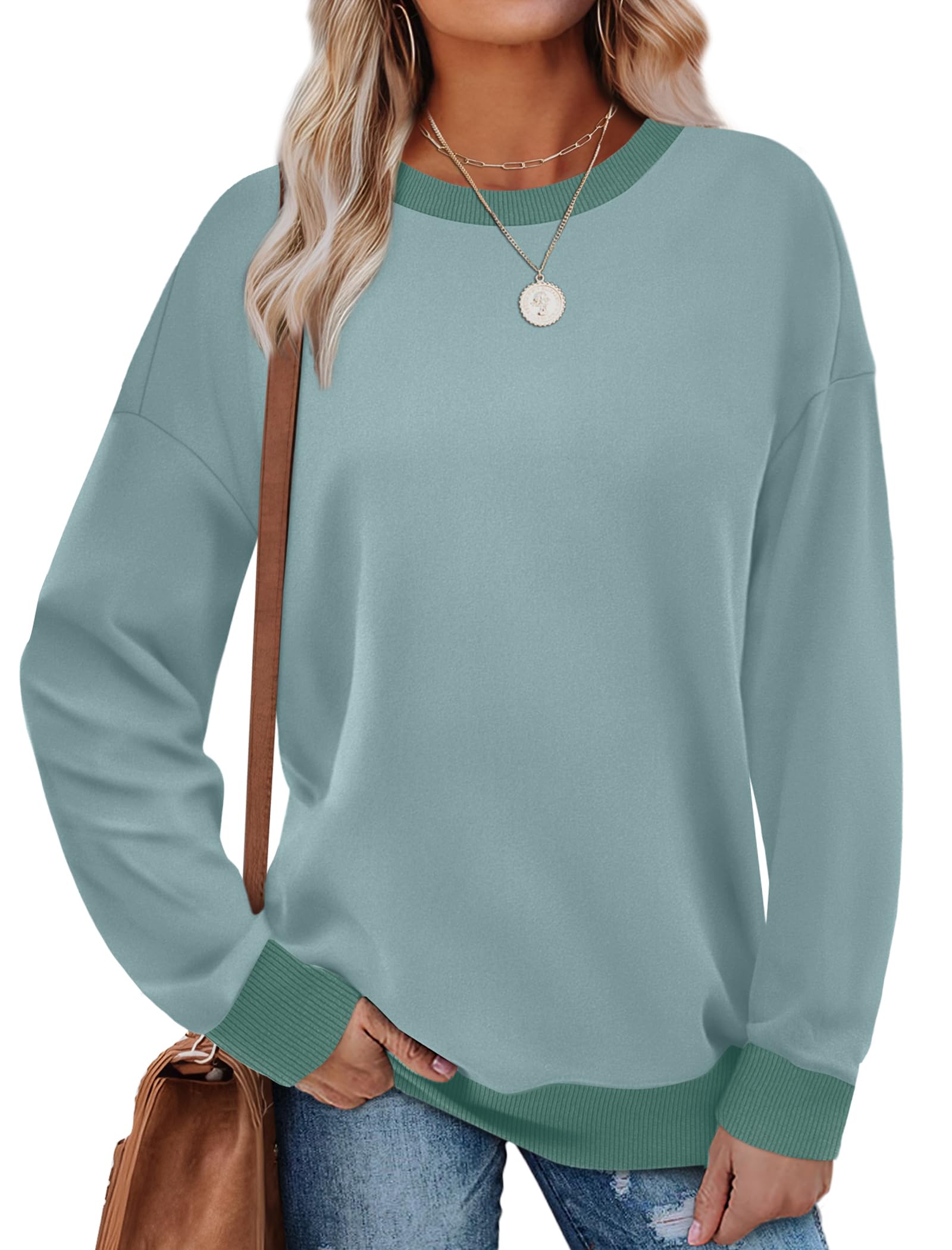 Saloogoe 2025 Fashion Round Neck Long Sleeve Loose Fit Color Block Ribbed Trim W