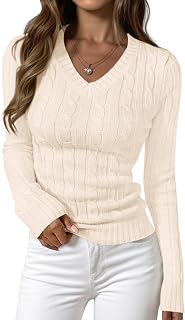 PRETTYGARDEN Women V Neck Cable Knit Long Sleeve Ribbed Fitted Pullover Tops Business Casual Autumn Outfits