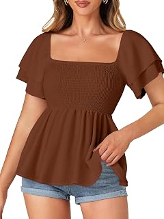 LYANER Women's Square Neck Smocked Peplum Top Ruffle Short Sleeve Babydoll Shirred Blouse