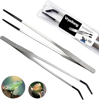VryaSang 2 Pcs 10.6" Stainless Steel Reptile Feeding Tongs & Tweezers | Safe Rubber Tips, Straight & Curved Long Feeder Tools for Bearded Dragon, Lizards, Snakes, Aquariums & Terrarium Supplies