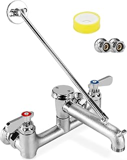 Commercial Mop Sink Faucet with Vacuum Breaker, Wall Mount 8" Center | Service Sink Faucet with 3/4" Hose Thread and Pail Hook, for Utility, Laundry, Industrial, Garage, Chrome-Plated Brass